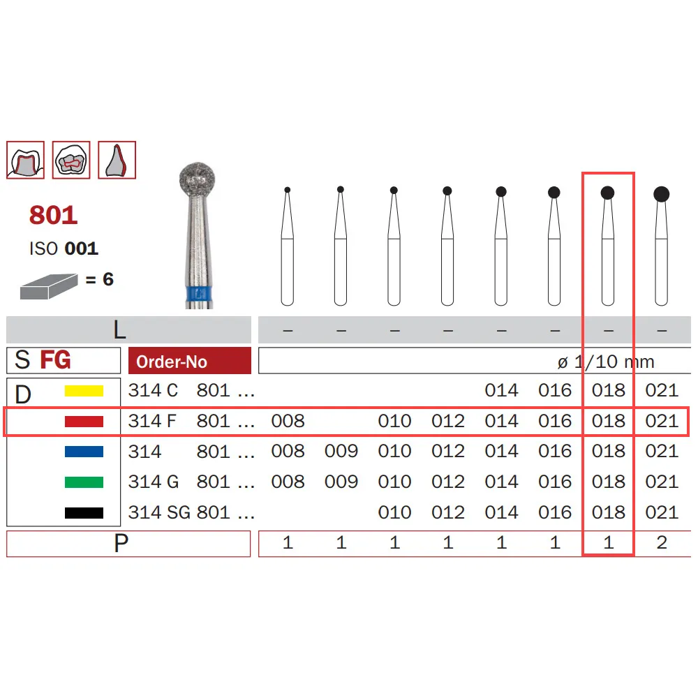 Diamond Bur, FG-018, Fine, Round ISO #001