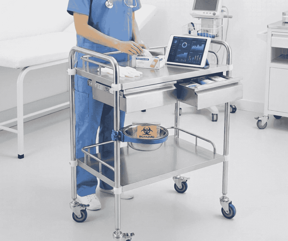 Medical Stainless Steel Trolley, With Drawers and Basin, 2 Shelves