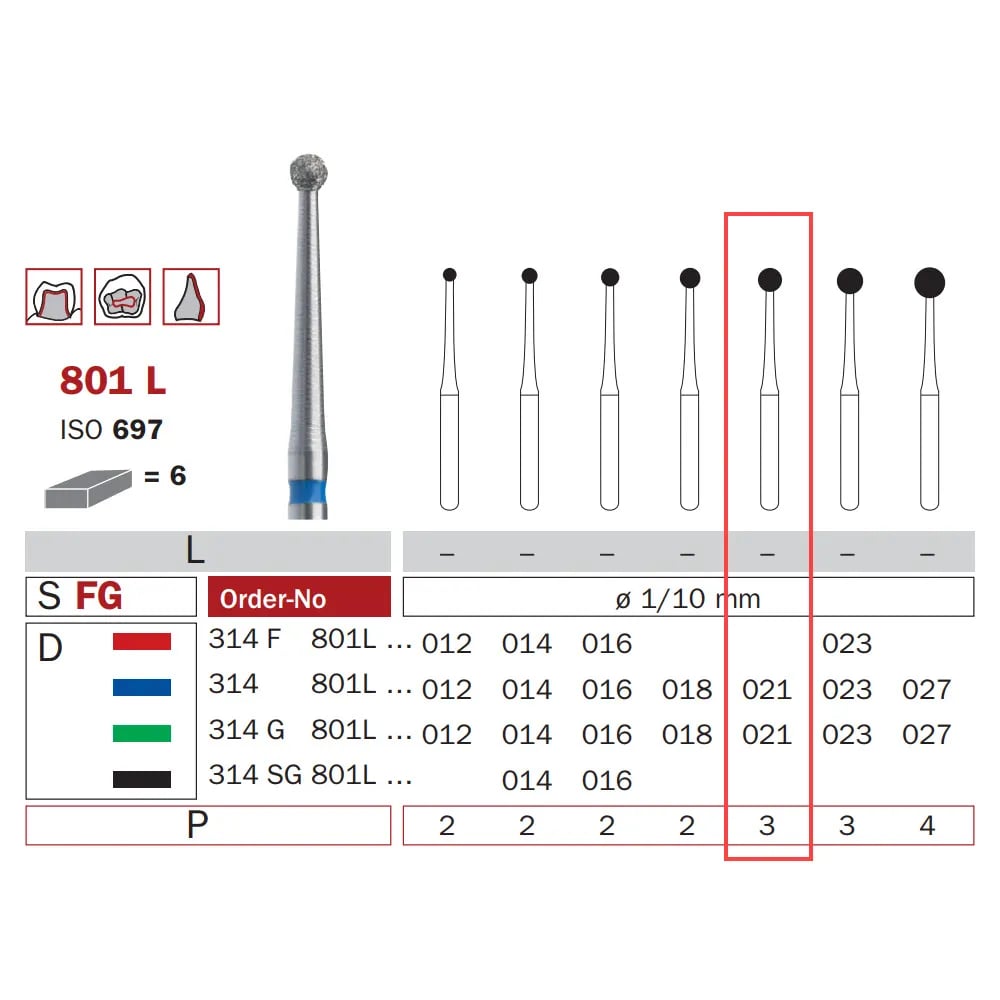 Diamond Bur, FG 021, Medium, Long Neck Round ISO #697