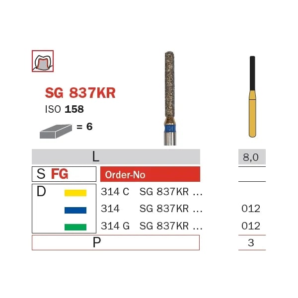 Diamond Bur, FG 012, Medium, Cylinder Round Shoulder (Goldies) ISO #158